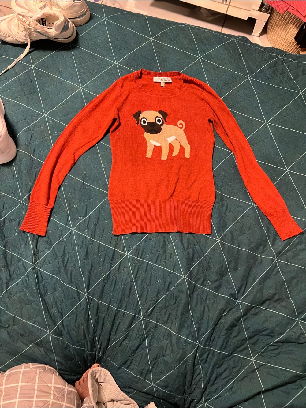 Red Crewneck Sweater with Pug Intarsia by Kate Spade